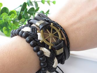 Adjust. Size up to 9.5inc Punk Retro Nautical Leather Bracelet Set of 4, Ship Rudder