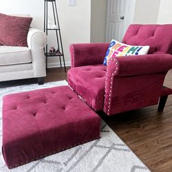 Super Comfy Berry Velvet Arm Chair + Ottoman + Dream Pillow