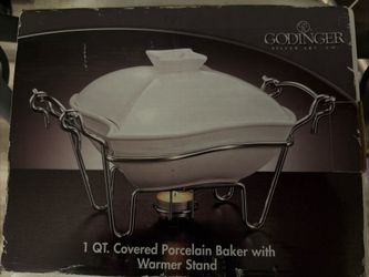 Goldinger Silver Art Co. 1 Qt Covered Porcelain Baker With Warmer Stand