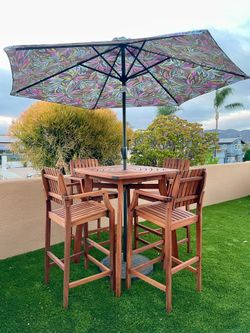 Teak Patio Table Set outdoor dining furniture with umbrella MCM mid century modern style