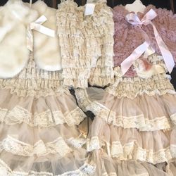 2 Rustic Flower Girl Dresses (sizes 3t and 4t) and 1 matching baby romper (9 months) (taupe and mauve)