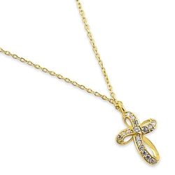 14K Solid Ribbon YELLOW Gold CROSS CZ Necklace