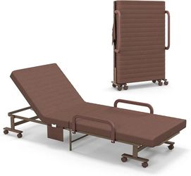 Fold Rollaway Bed with Mattress for Adults, Portable Guest Bed with 6 Positions Adjustable, Rolling Bed