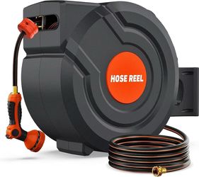 Brand new in box 100FT Retractable Garden Hose Reel 8 Inch Heavy Duty Wall Mounted Retractable Hose Reel with 9-Pattern Nozzle, 180° Swivel Auto Rewin