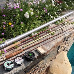 THREE (3) Flyfishing Rods and reels plus some Flies & Aluminum Tube. A