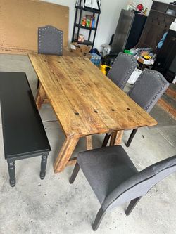 Rustic Farmhouse Solid Wood Dining Table with Chairs and Bench by