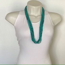 Beaded Necklace, Bohemian, Statement, Long Turquoise Seed Beads, Multi Strand Necklace, Handmade Transparent Bluish Colored Necklace, Chic