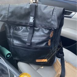 Black Leather eastpak Roll Top Backpack  