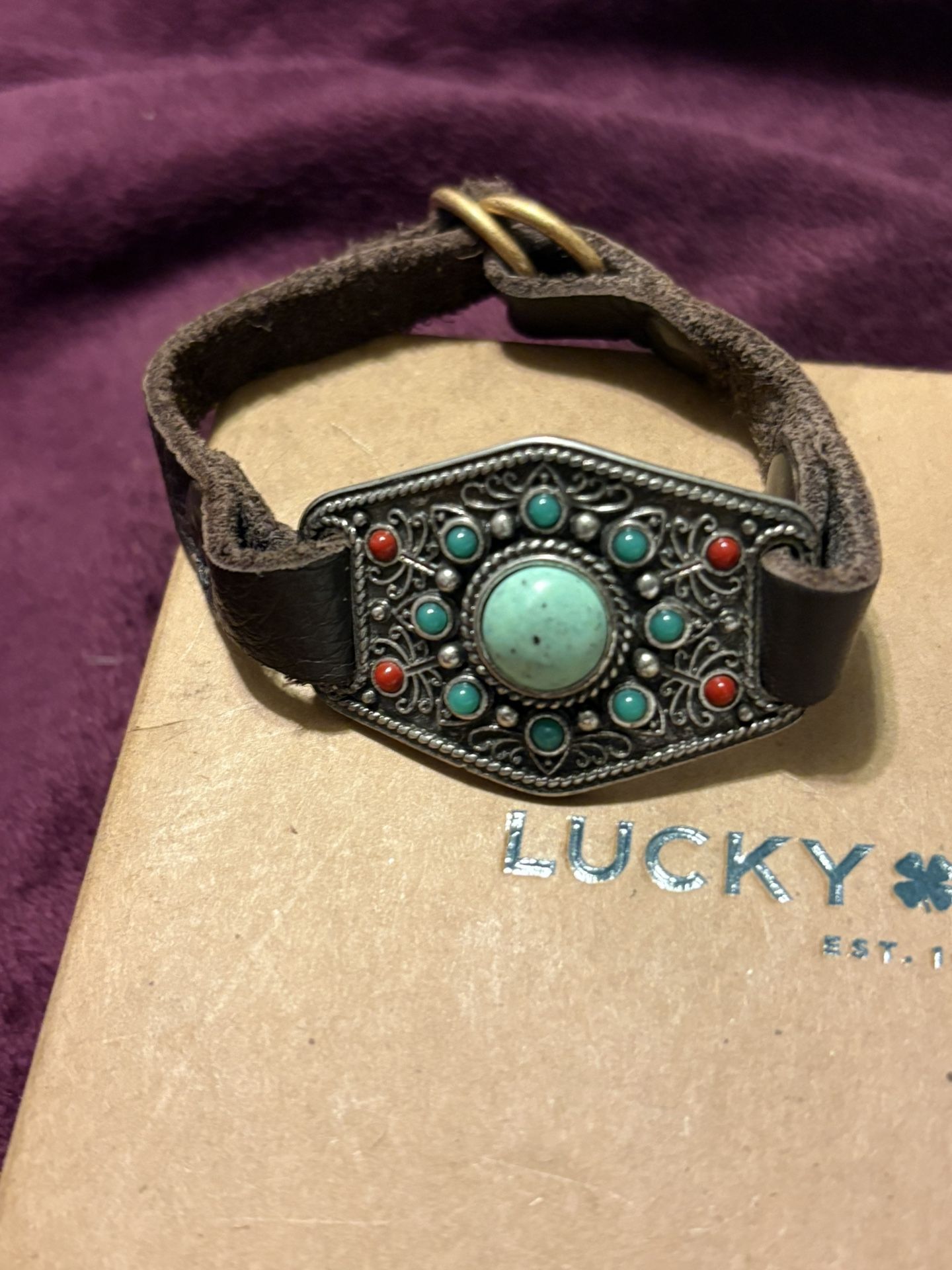 LUCKY BRAND Silver /gold tone Brown Leather Blue Red Stones Design Bracelet