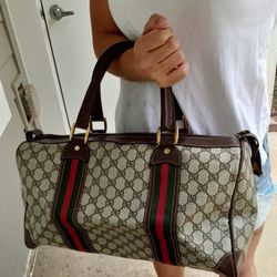 Authentic Vintage Gucci GG Monogram Supreme Sherry Web Ophidia Large Boston Satchel Bag 