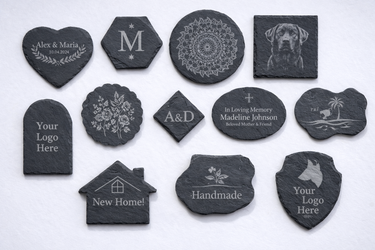 Natural slate coasters, laser engraved.