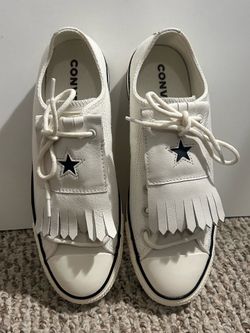 Converse Women’s White Low-Top Sneakers with Navy Star Accent and Fringe