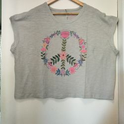 Brand New Boxy Cotton T-shirt Peace Sign Flowers 