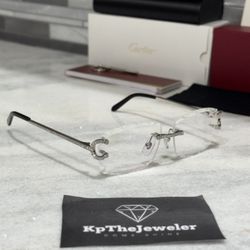 Cartier Big C Wires Clear Diamond Cut Lenses Silver 