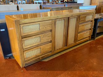 Mid-Century Modern Wood & Cane 9-Drawer Dresser