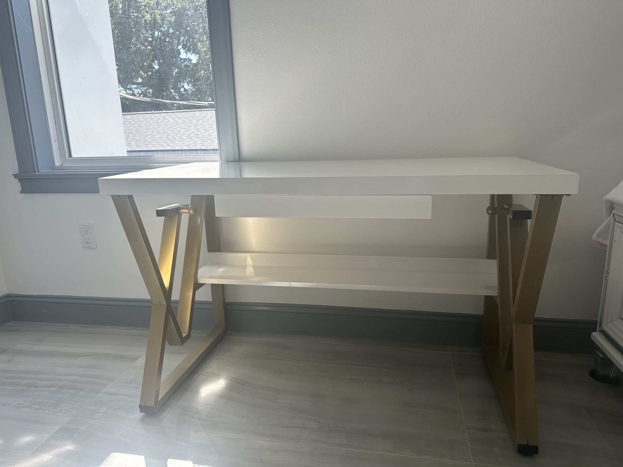 50" Rectangular Modern White Computer Desk Office Desk With Drawer And Shelf Gold Leg 