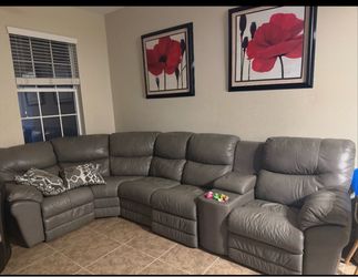 Gray Leather Sectional Sofa with Recliner
