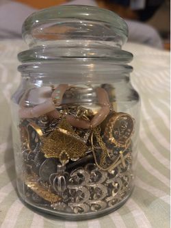 Vintage jewelry jar, chains, rings, pins, pendants
