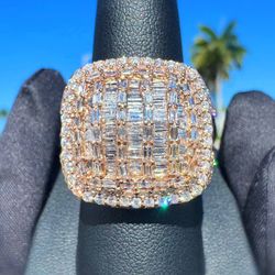 14k solid rose gold iced out 9CTW Natural baguette & round Diamond men’s bust down ring sz 9.5