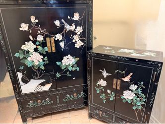 Vintage Asian Black Lacquer Cabinet Set – Hand Painted Floral & Bird Design