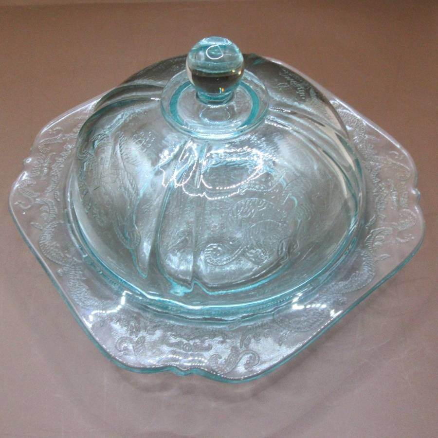 Vintage Recollection Federal Aqua Blue Glass Madrid Covered Butter Dish