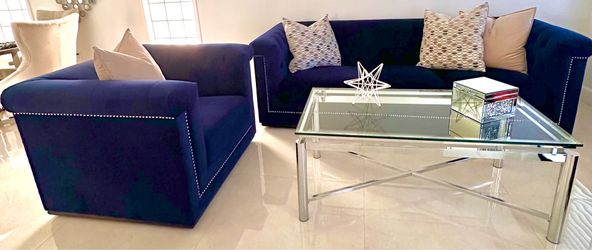 Luxury Navy Blue Velvet Sofa & Matching Accent Chair Set