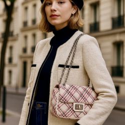 Karl Lagerfeld Paris Agyness Pink Plaid Tweed Shoulder Bag Chain Strap Purse New