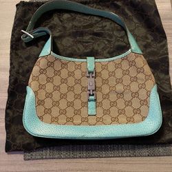 Gucci - Authentic Brown Monogram, Blue Leather, Silver Hardware Shoulder Bag With Dust Bag