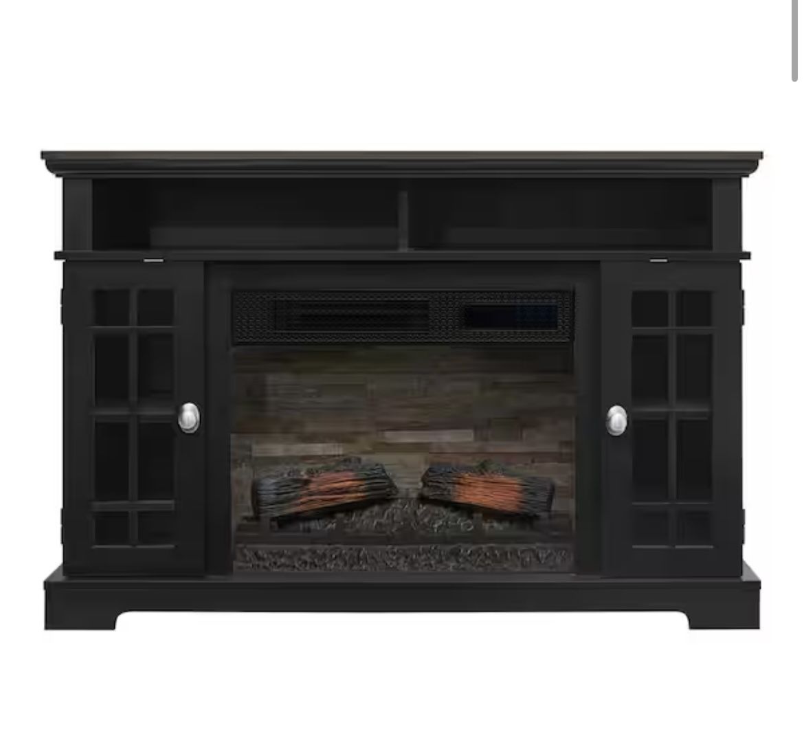 StyleWell Canteridge 47 in. W Freestanding Media Console Electric Fireplace TV Stand in Black with Clear Lake Oak Top