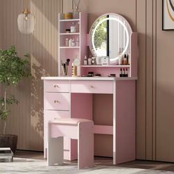 Pink Vanity Table with LED Mirror and Stool