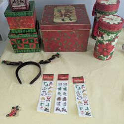 New X-Mas Gift Boxes, Pin-Santa's Stocking, Apron, Stickers, 
