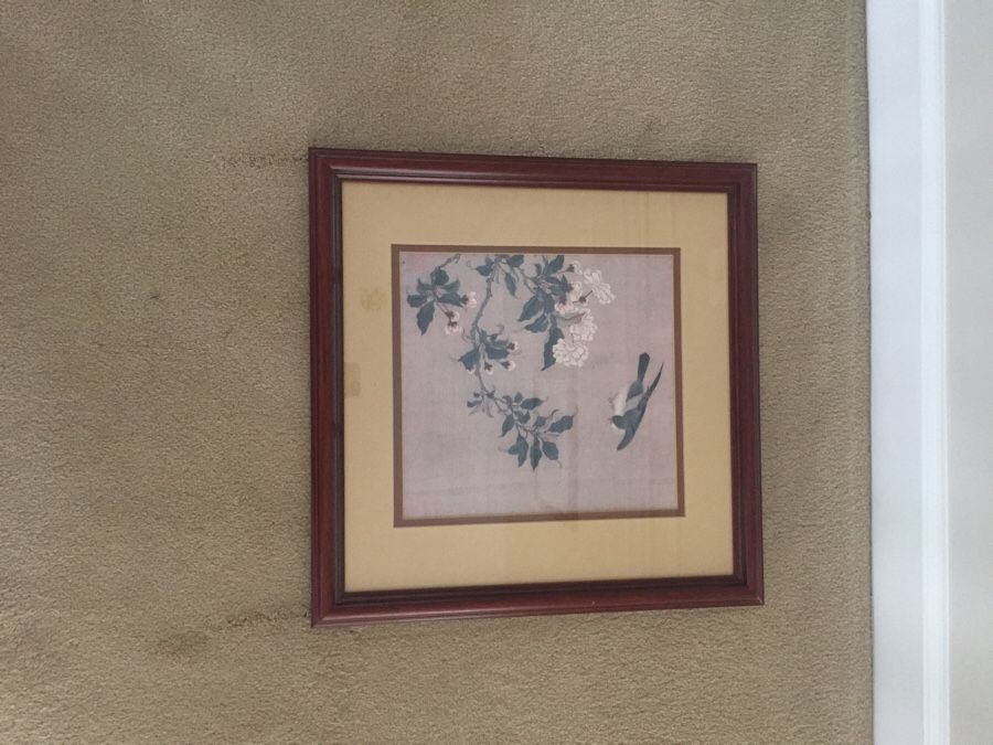 Asian Flowers and bird framed print. Measures 18.5"x18.5". High quality framing.