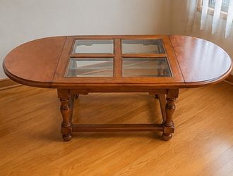 Solid Wood Drop-Leaf Coffee Table with Glass Top – Expandable Space Saver