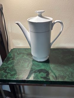 White Porcelain Coffee Pot with Silver Trim