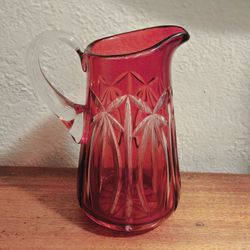 Vintage Bohemian Czech Ruby Red Etched Cystal Pitcher