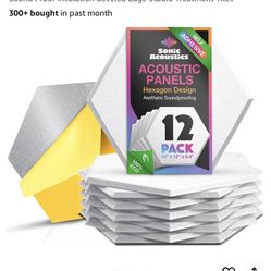 Sonic Acoustics Self-Adhesive 12 Pack White Hexagon Acoustic Panels, 14" X 12" X 0.4" High Density Sound Absorbing Panels Sound Proof Insulation Bevel
