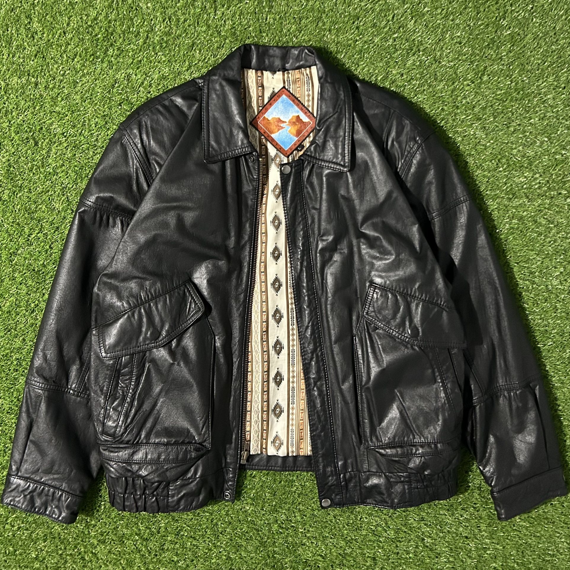 Mens Vintage VTG 90s Western Style Real Leather Bomber Jacket Coat Aztec Santa Fe Lining Size Large