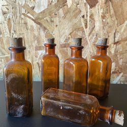 Vintage SMALL AMBER GLASS CORK TOP BOTTLE Bundle Set of 5