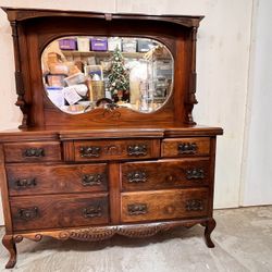 Antique Burl Wood Dresser With Mirror And Ornate Details, Seven Drawers, 1920S