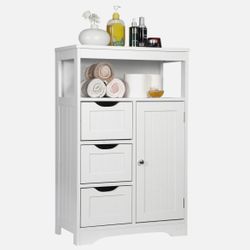 White Bathroom Storage Floor Cabinet Organizer with Adjustable Shelf and Drawers