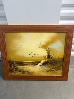 Signed Oil Painting Coastal Lighthouse Scene