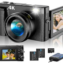 4K Digital Camera for Photography Autofocus, Upgraded 48MP Vlogging Camera for YouTube with SD Card, 3" 180 Flip Screen Compact Travel Camera with 16X