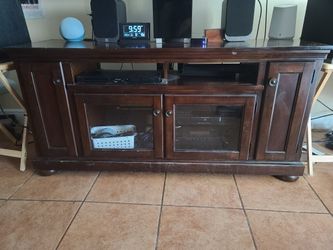 Wood TV Stand with glass doors and shelving