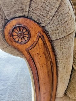 Antique Carved Wood Upholstered Loveseat