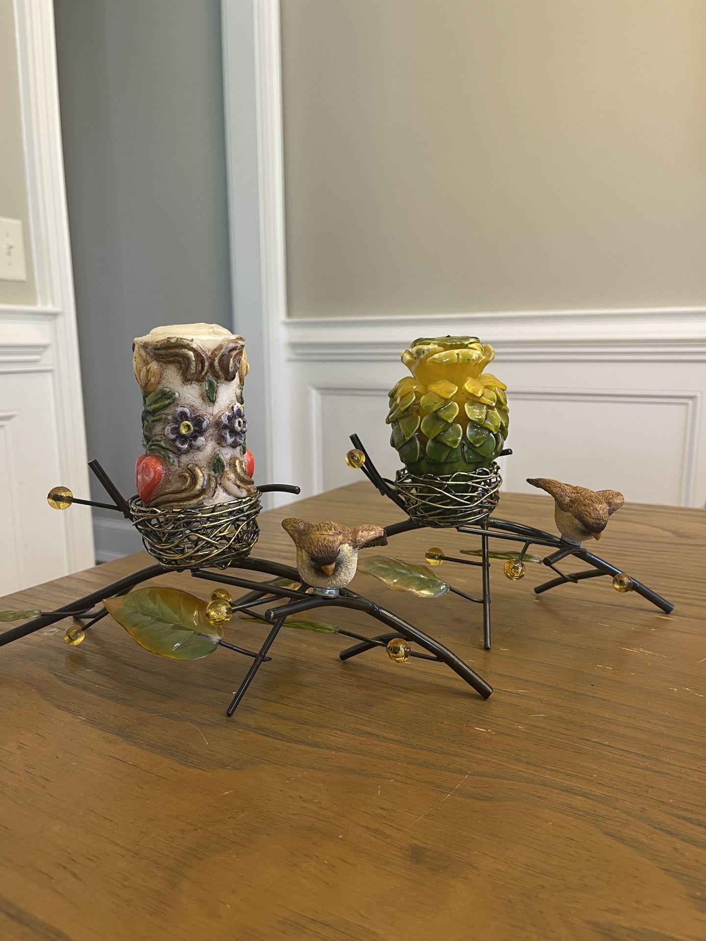 2 Mixed Metals Bird Nest On Branch Tea Light Candle Holder 11.5*4.5”