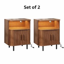 Modern Nightstand Set of 2 Wood End Tables w/ LED Shelf & Storage Cabinet