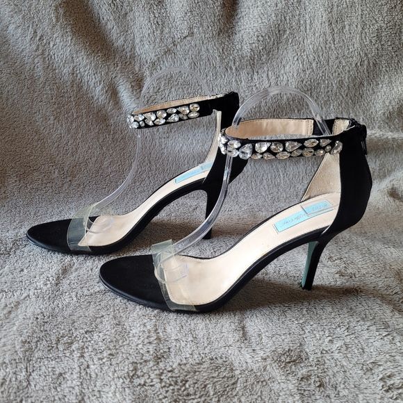 Blue by Betsey Johnson Drew Black Satin Rhinestone Ankle Strap Heels size 10