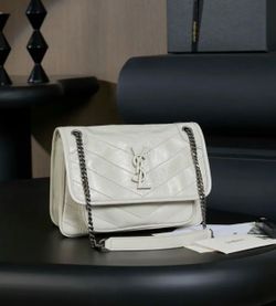 Used Saint Laurent YSL Niki Medium White Crinkled Leather Chain Shoulder Bag