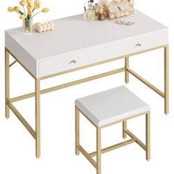 White & Gold Vanity Desk with Chair – Modern Makeup Desk