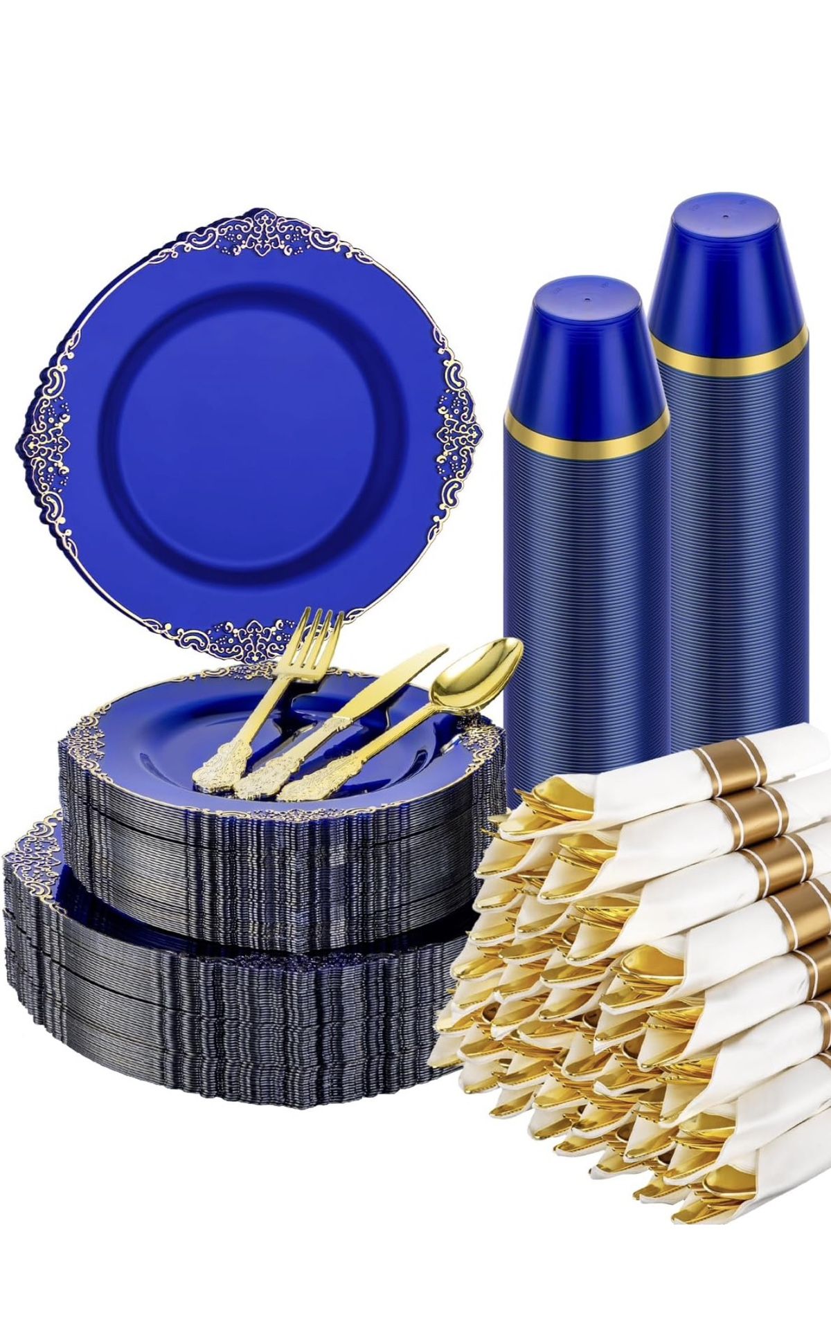 Goodluck 350 Piece Clear Blue Plastic Dinnerware Set for 50 Guests, Fancy Disposable Plates, Include: 100 Blue Rim Plastic Plates, 150 Silverwares, 50